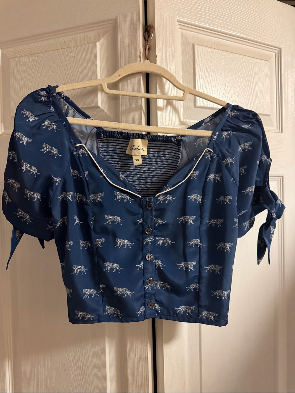 Cleobella Navy Blue Tiger Print Button-Front Crop Top